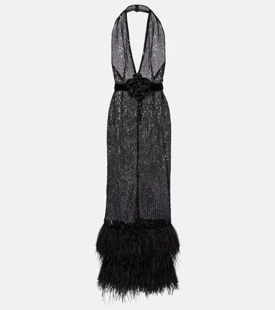 Dolce & Gabbana Feather-trimmed Sequined Sheer Gown In Black