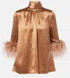 Dolce & Gabbana Double Satin Turtle-neck Top With Feathered Detailing In Brown