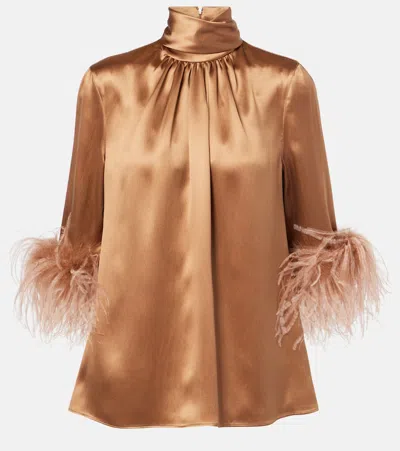 Dolce & Gabbana Double Satin Turtle-neck Top With Feathered Detailing In Brown
