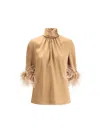 Dolce & Gabbana Dolce&gabbana Brown Top In Double Satin With Feathers In Nocciol+bian+mou+mou