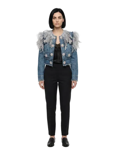 Dolce & Gabbana Feather-trimmed Denim Jacket In Blue