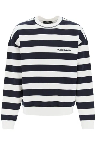 Dolce & Gabbana Striped Round-neck Sweatshirt With Marina Print In Mixed Colours