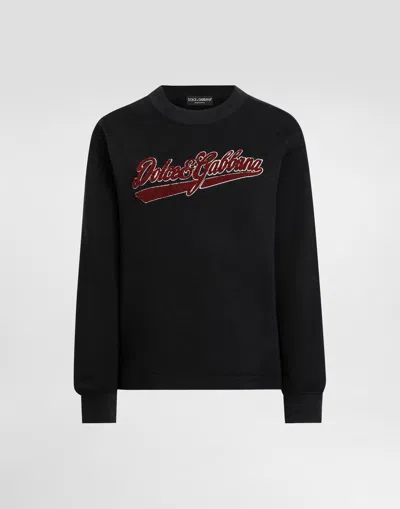 Dolce & Gabbana Felpa Girocollo In Cotone Con Patch In Black
