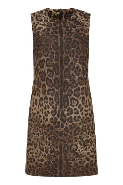 Dolce & Gabbana Feminine Animalier Wool Midi Dress In Brown