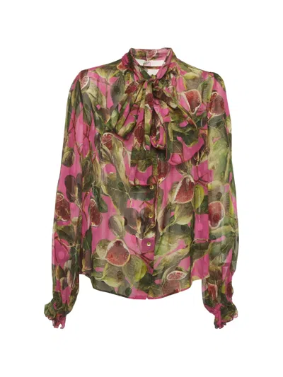Pre-owned Dolce & Gabbana Fig-print Pussy-bow Blouse In Pink