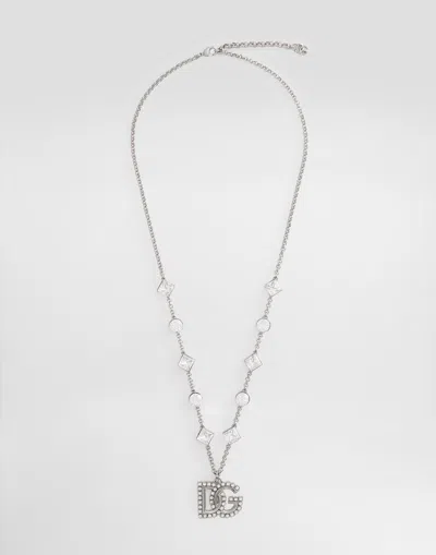 Dolce & Gabbana Fine Link Necklace With Rhinestone-detailed Dg Logo And Accents In Silver
