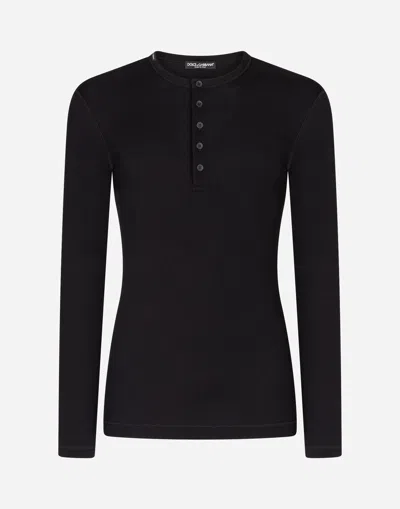 Dolce & Gabbana Fine-rib Cotton Granddad-neck T-shirt With Long Sleeves In Black
