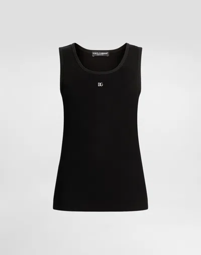 Dolce & Gabbana Fine-rib Jersey Tank Top With Dg Logo Pin In Black