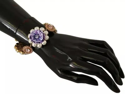 Pre-owned Dolce & Gabbana Fiori Blooming Floral Baroque Crystals Brass Women's Bracelet () In Gold