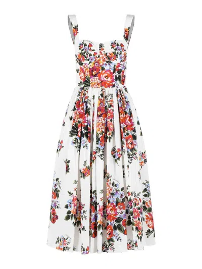 Dolce & Gabbana White Cotton Midi Dress With Floral Print Dolce E Gabbana In Multi