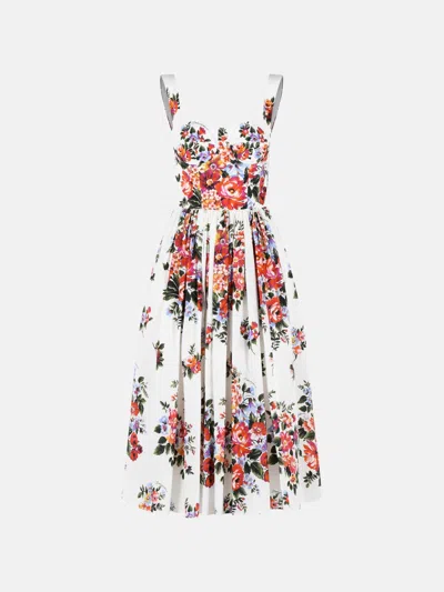 Dolce & Gabbana White Cotton Midi Dress With Floral Print Dolce E Gabbana In Multi