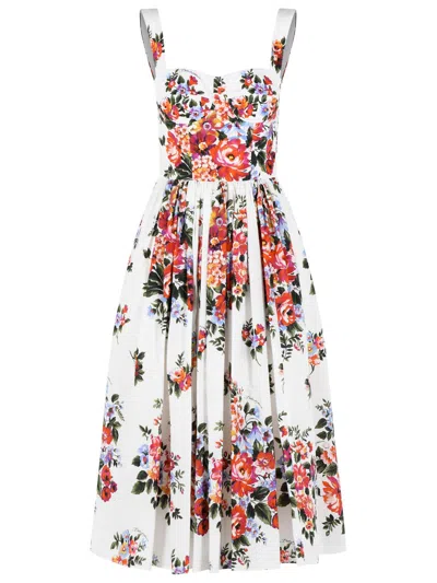 Dolce & Gabbana White Cotton Midi Dress With Floral Print Dolce E Gabbana In Multi
