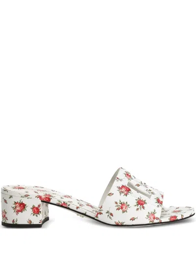 Dolce & Gabbana Fire-stamped Leather Slide Sandals With Mini Dg Metal Logo In White