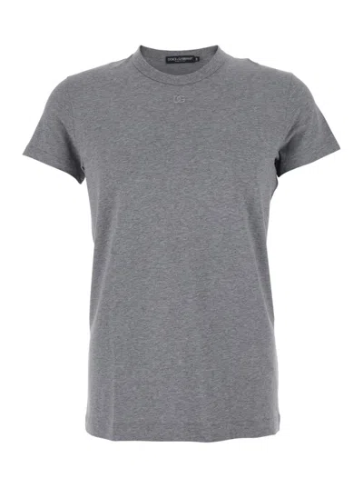 Dolce & Gabbana Grey Crewneck T-shirt With Tonal Logo Lettering Embroidery On The Front In Gray