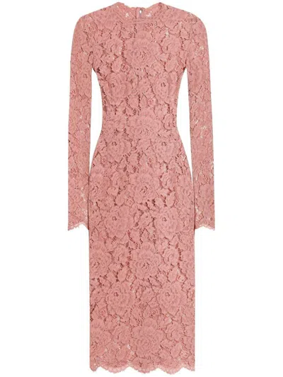 Dolce & Gabbana Fitted Semi-sheer Pink Lace Dress
