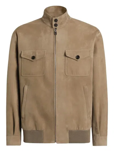Dolce & Gabbana Flap-pocketed Zip-front Leather Jacket In Neutral