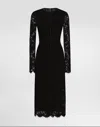 Dolce & Gabbana Flared Calf-length Floral Lace Dress With Contrasting Lining In Black