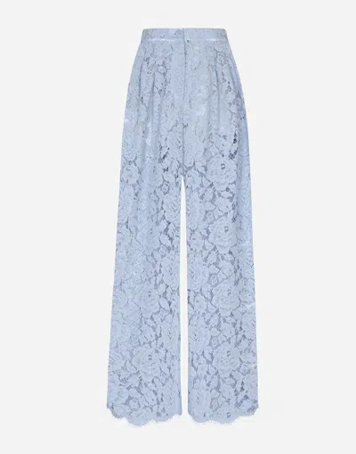 Dolce & Gabbana Flared Floral Cordonetto Lace Pants With Dg Logo In Blue