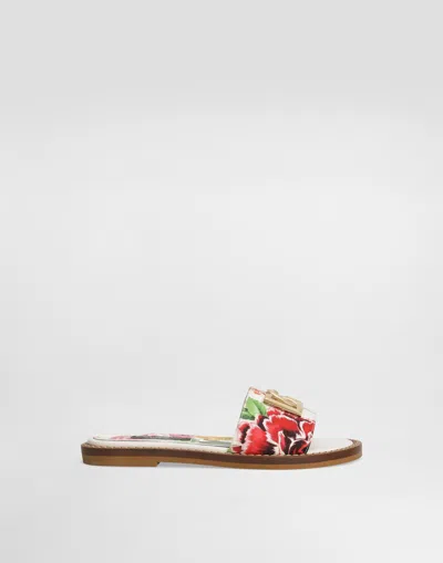 Dolce & Gabbana Flat Canvas Sliders With Flower And Dg Logo Print In プリ