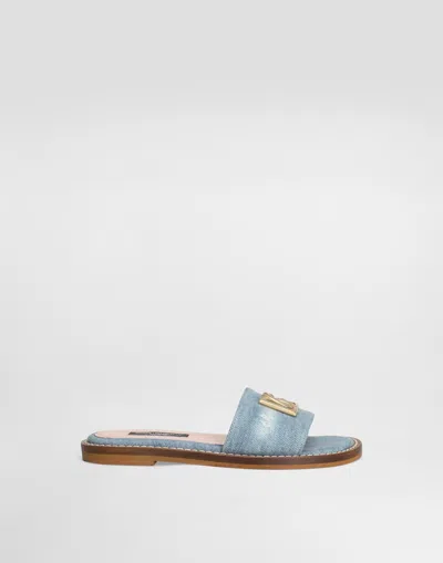 Dolce & Gabbana Flat Denim Sliders With Dg Logo In Multicolor