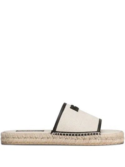 Dolce & Gabbana Logo-embroidered Canvas And Leather Espadrille Slides In White