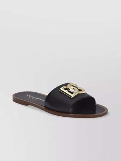 Dolce & Gabbana Flat Leather Slide Sandals With Front Embellishment In Black