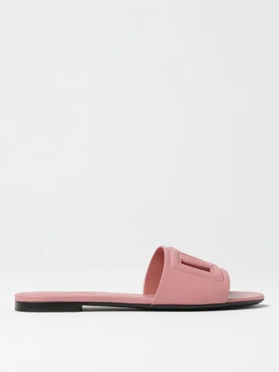 Dolce & Gabbana Women Pink Slide Sandals With Cut Out Logo In Leather Woman