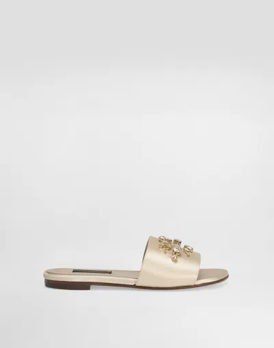 Dolce & Gabbana Flat Satin Sliders With Embroidery And Dg Logo In Gold