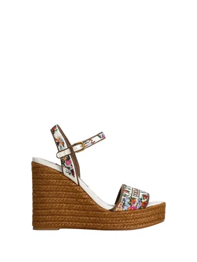 Dolce & Gabbana Leather-trimmed Embroidered Canvas Platform Wedge Sandals In Brown