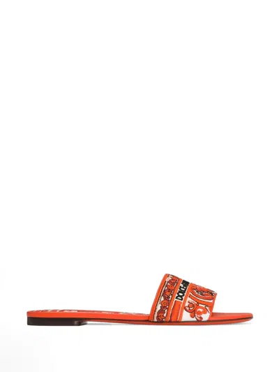 Dolce & Gabbana Flat Slippers With Majolica Embroidery In Orange