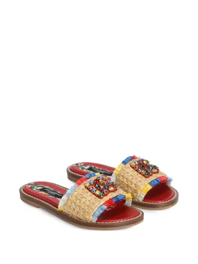 Dolce & Gabbana Kids' Flat Straw Slide Sandals With Fringes In Multi
