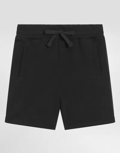 Dolce & Gabbana Kids' Fleece Bermuda Shorts With Dg Logo Plaque In Black
