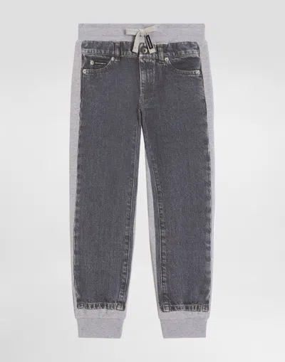Dolce & Gabbana Kids' Fleece Trousers With Denim-effect Print In Gray
