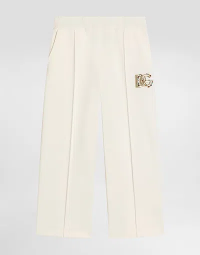Dolce & Gabbana Kids' Fleece Trousers With Dg Embroidery And Rhinestones In White