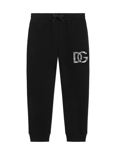 Dolce & Gabbana Fleece Trousers With Dg Majolica-print Embossed Logo In Black