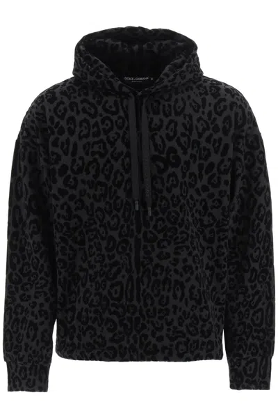 Dolce & Gabbana Leopard-print Flocked Zip Hoodie In Black