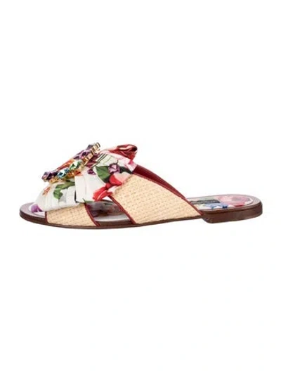 Pre-owned Dolce & Gabbana Flora Print Bow Accents Slides In White