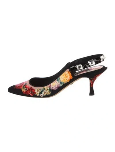 Pre-owned Dolce & Gabbana Flora Print Crystal Embellishments Slingback Pumps In Black