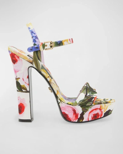 Dolce & Gabbana Floral Ankle-strap Platform Sandals In Garden White