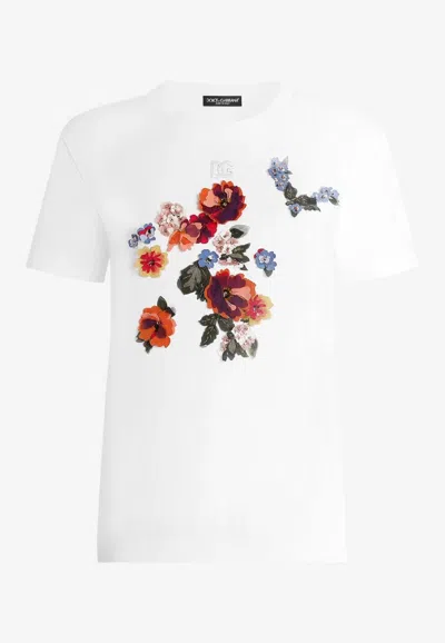 Dolce & Gabbana Floral Appliqué Plain Knit T-shirt In Multi