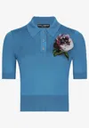 Dolce & Gabbana Silk Henley Top With Floral Applique Detail In Blue