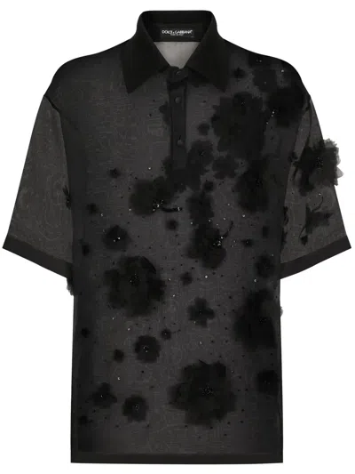 Dolce & Gabbana Floral-appliqué Sheer Polo Shirt In Black