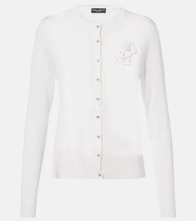 Dolce & Gabbana Dolce&gabbana Floral Appliqué Silk Crewneck Cardigan In Bianco Ottico