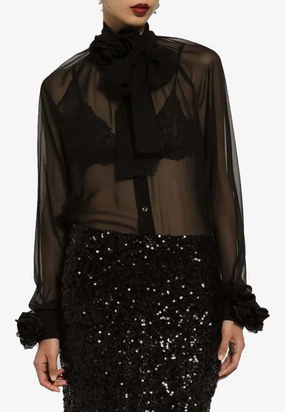 Dolce & Gabbana Floral-applique Silk Shirt In Black