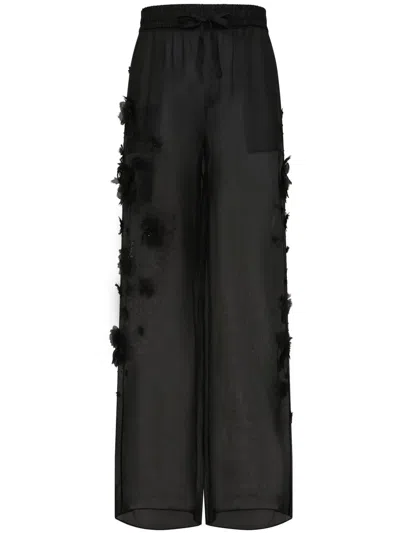 Dolce & Gabbana Floral-appliqué Silk Trousers In Black