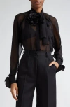 Dolce & Gabbana Dolce&gabbana Floral Appliqué Tie Neck Sheer Silk Shirt In Nero
