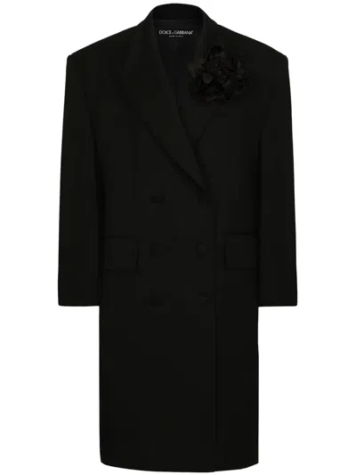 Dolce & Gabbana Floral-appliqué Virgin Wool Coat In Black