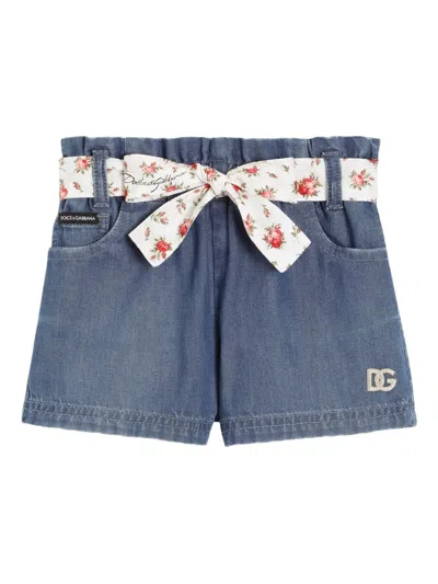 Dolce & Gabbana Babies' Floral-belt Denim Shorts In Blue