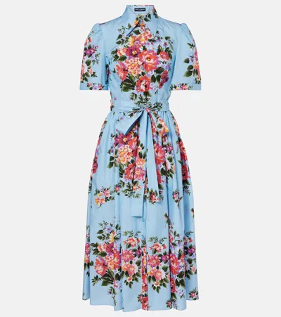 Dolce & Gabbana Blue Dress With Floral Print And Waist Knot In Cotton Woman