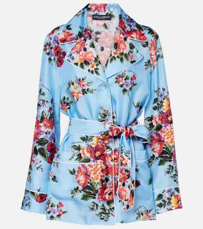 Dolce & Gabbana Flowers Print Silk Vanity Shirt In Blue